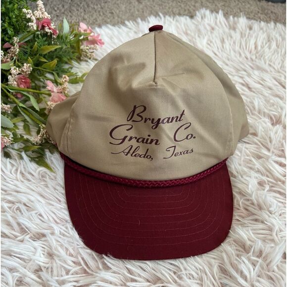 Vintage Nissun Tan Maroon Rope Band Snapback Trucker Hat Texas Bryant Grain Co - Picture 7 of 7